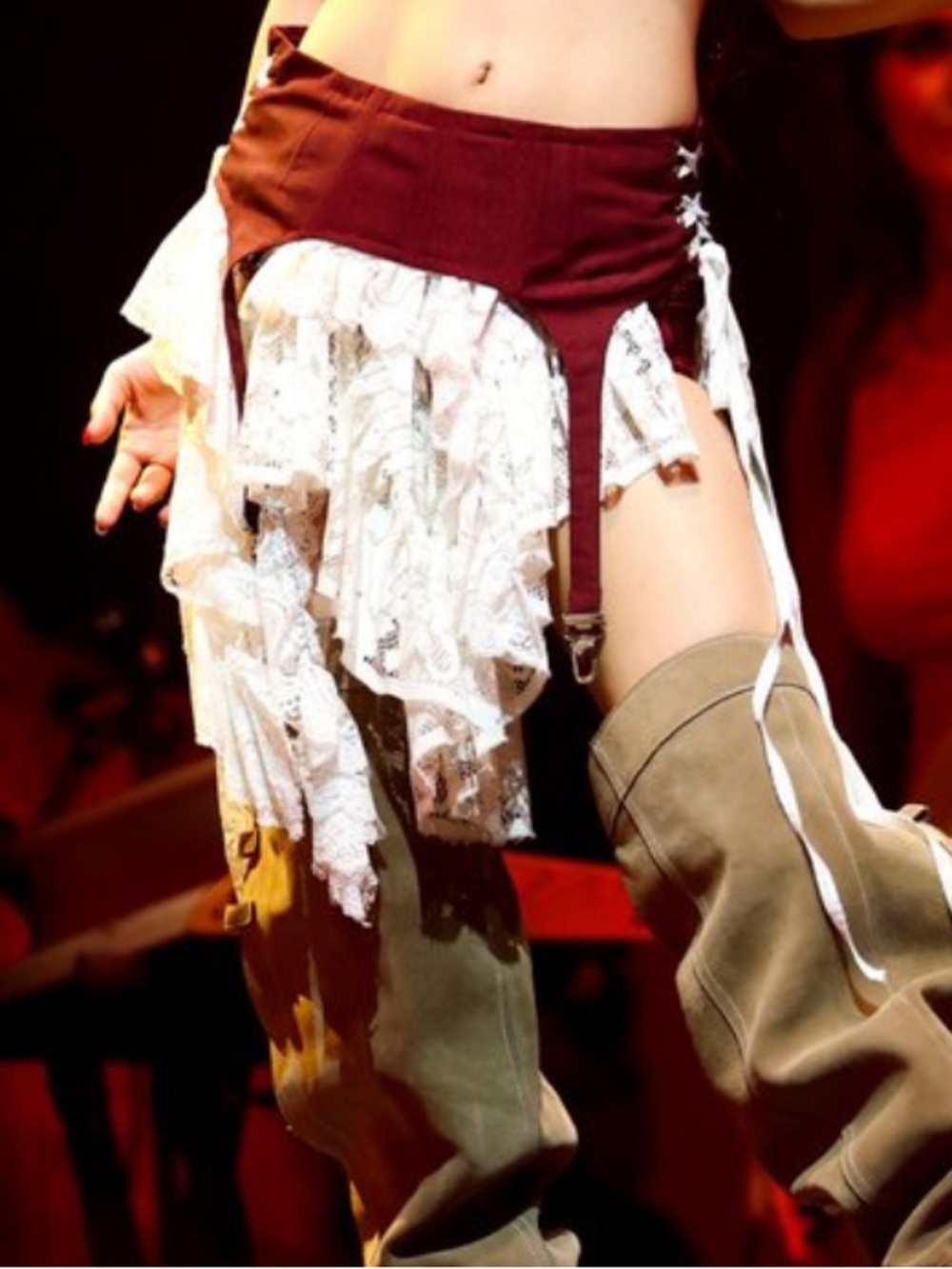 Jennie Coachella style red garter belt white lace skirt